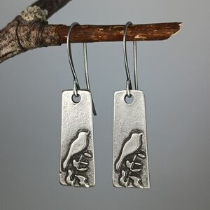 HAND CRAFTED Minimalist Rustic Silver Bird Dangle Drop Earrings